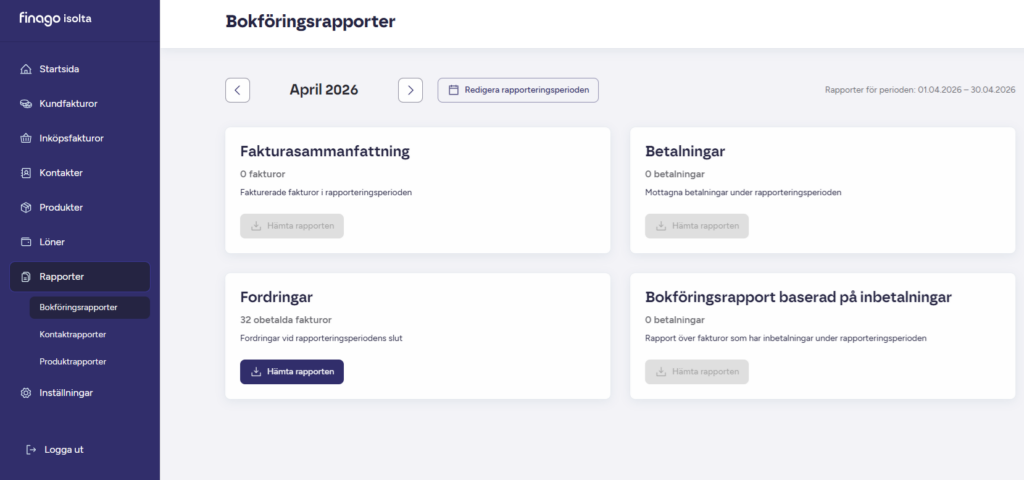 Rapporter för egen uppföljning och din bokförare.